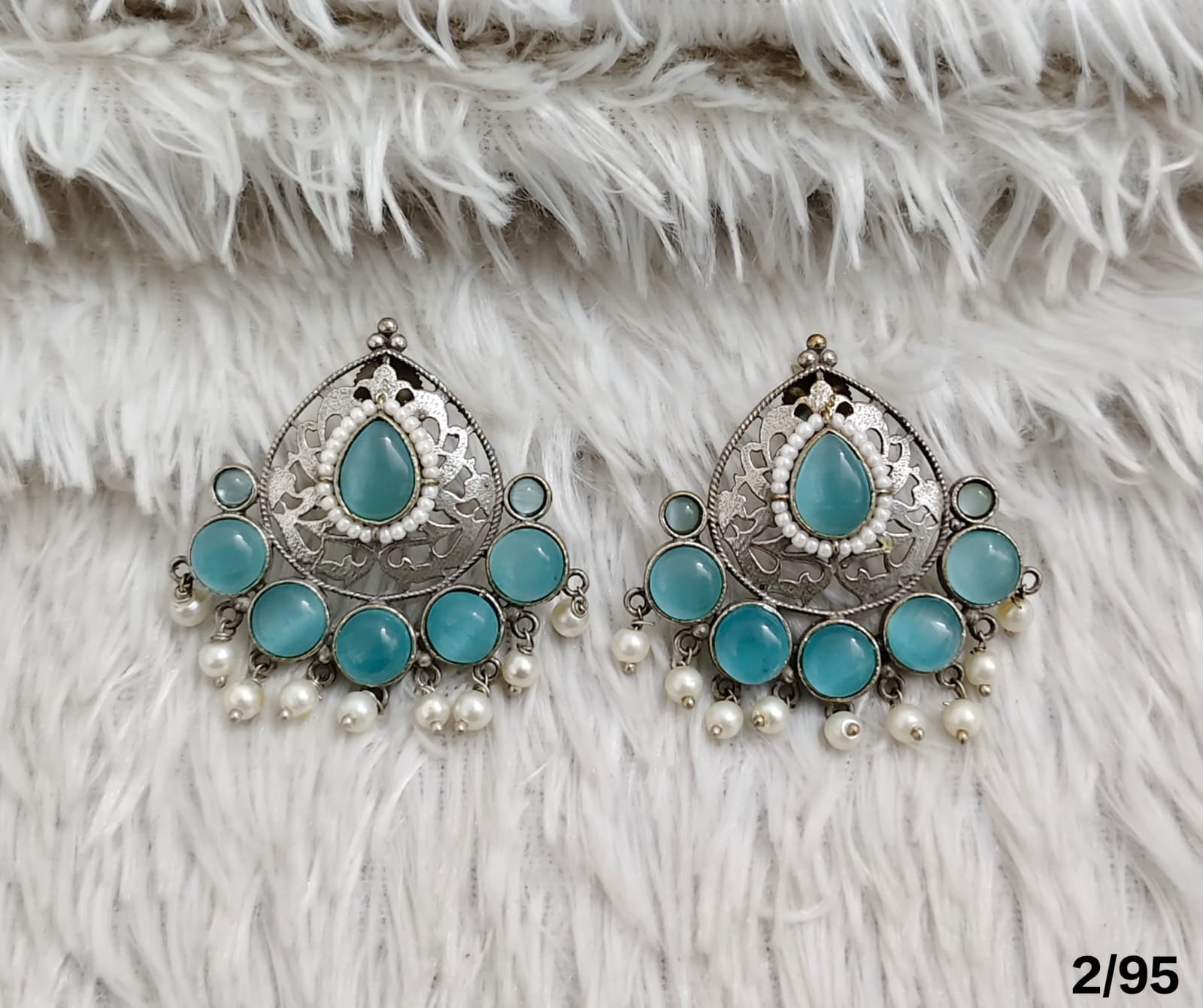 Oxidised Chandbali Earrings with Stone and Pearl Detailing – Antique Finish